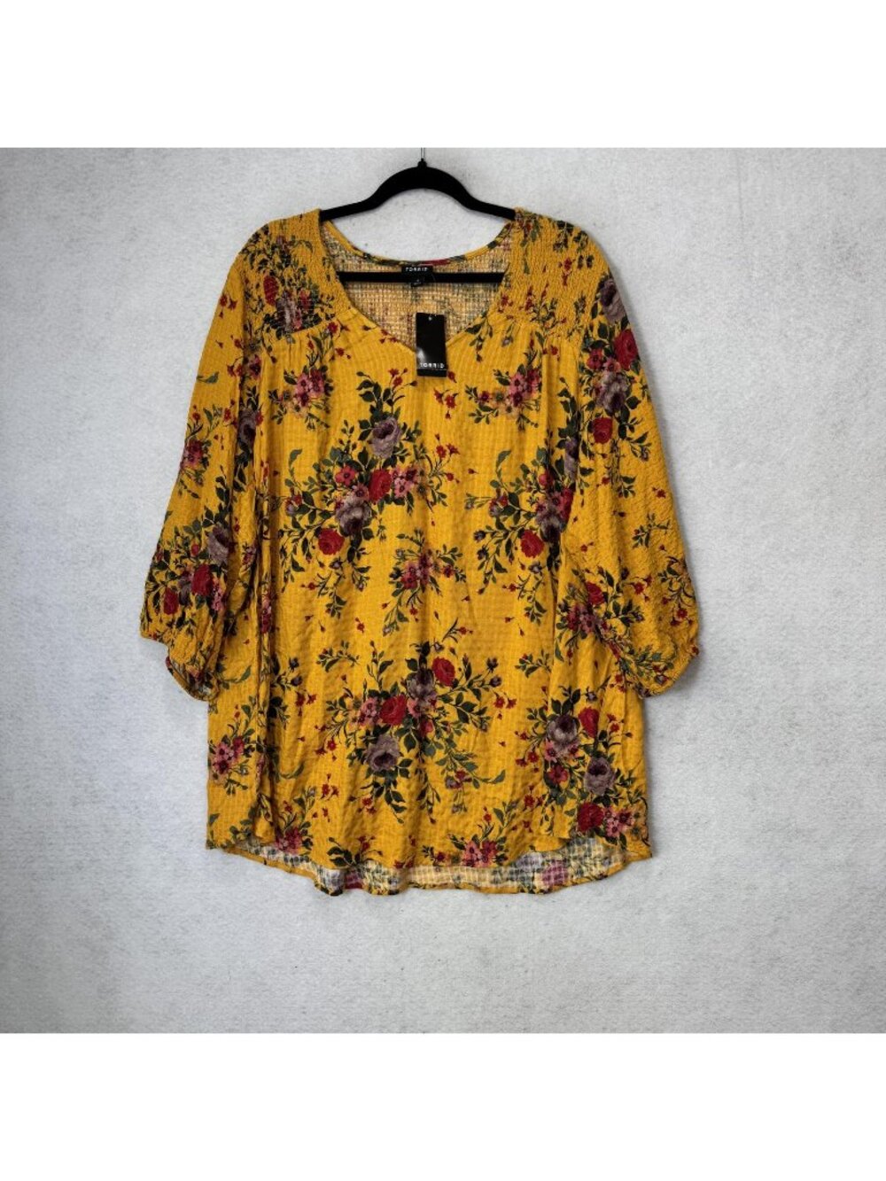 Torrid Blouse Womens 4 Yellow Floral Scoop Neck 3/4 Puff Sleeve Tunic Top